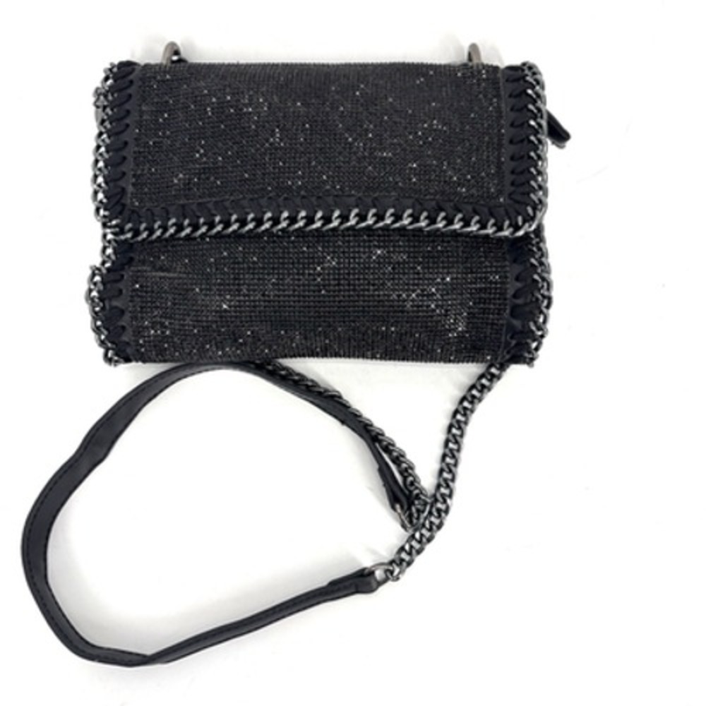 Black Shimmer Whipstitch Chain Crossbody Bag Silver Hardware Evening Clutch